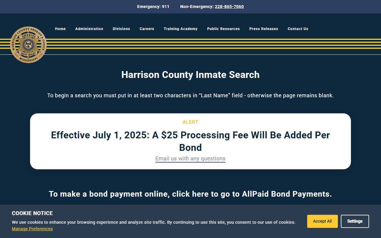 Harrison County inmate search page for jail roster records