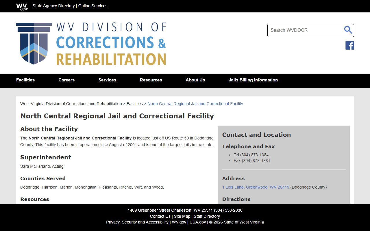 North Central Regional Jail and Correctional Facility inmate lookup source page for Harrison County
