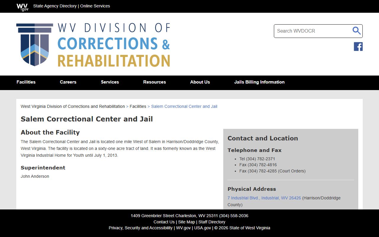 Salem Correctional Center and Jail state prison inmate lookup source page for Harrison County
