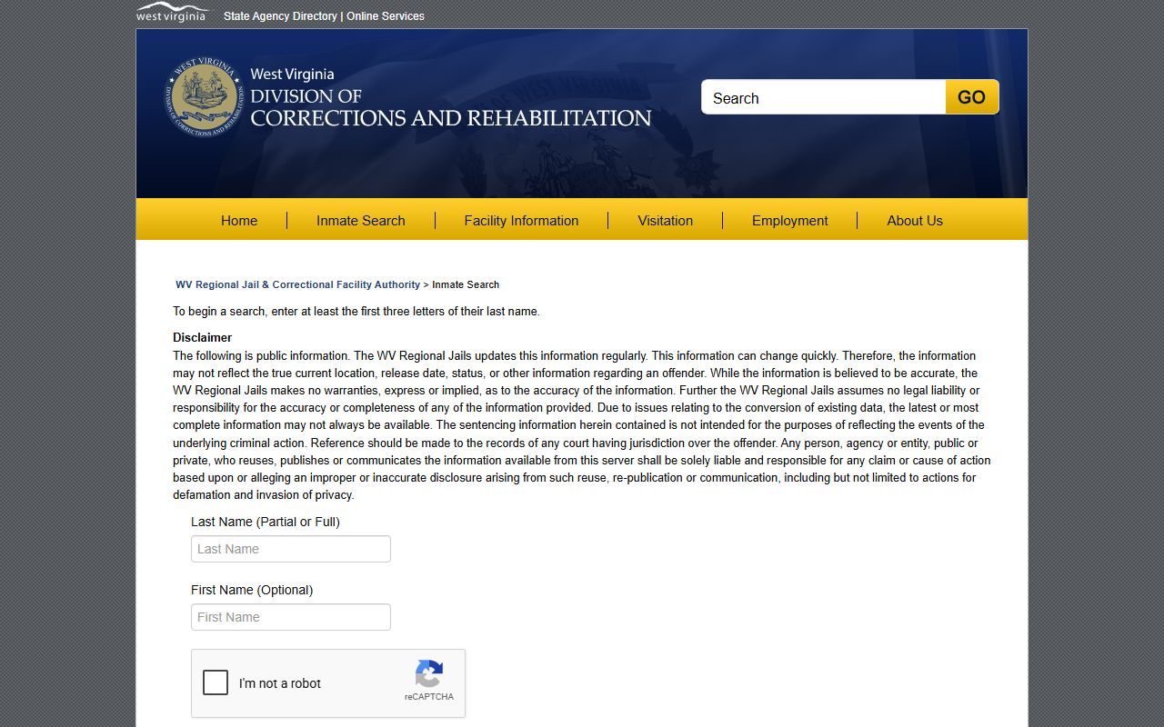 WV regional jail offender search fields for Harrison County inmate lookup
