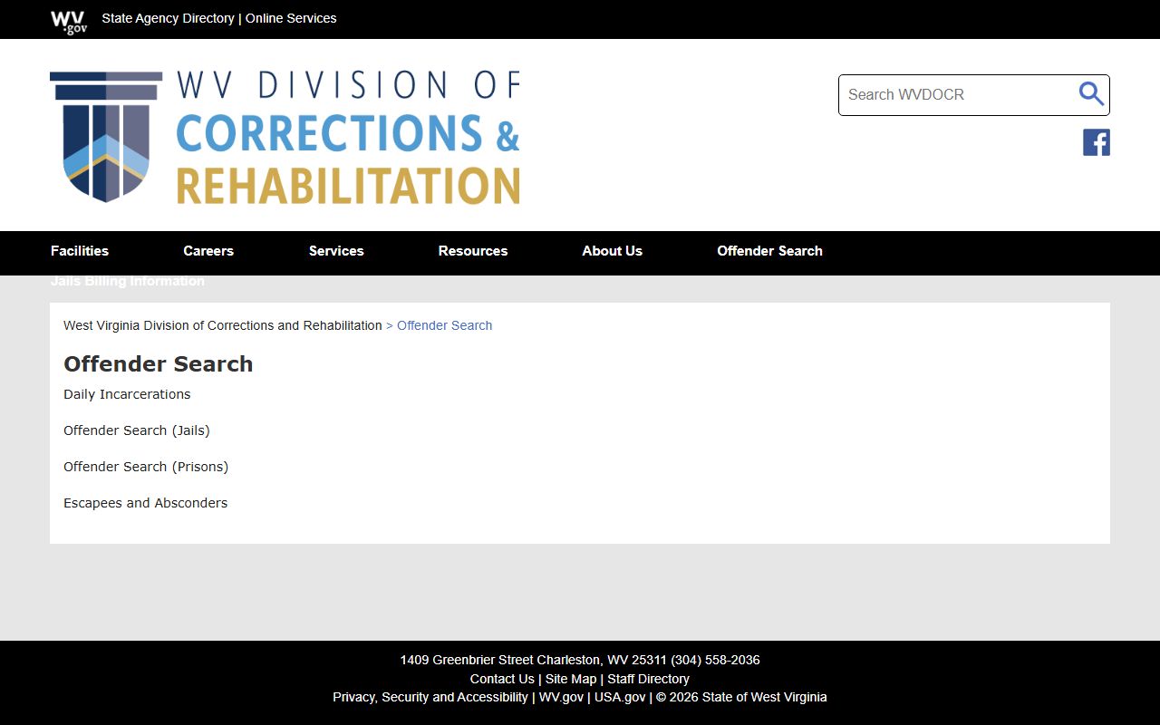 WVDCR offender search hub for Harrison County jail and prison inmate records